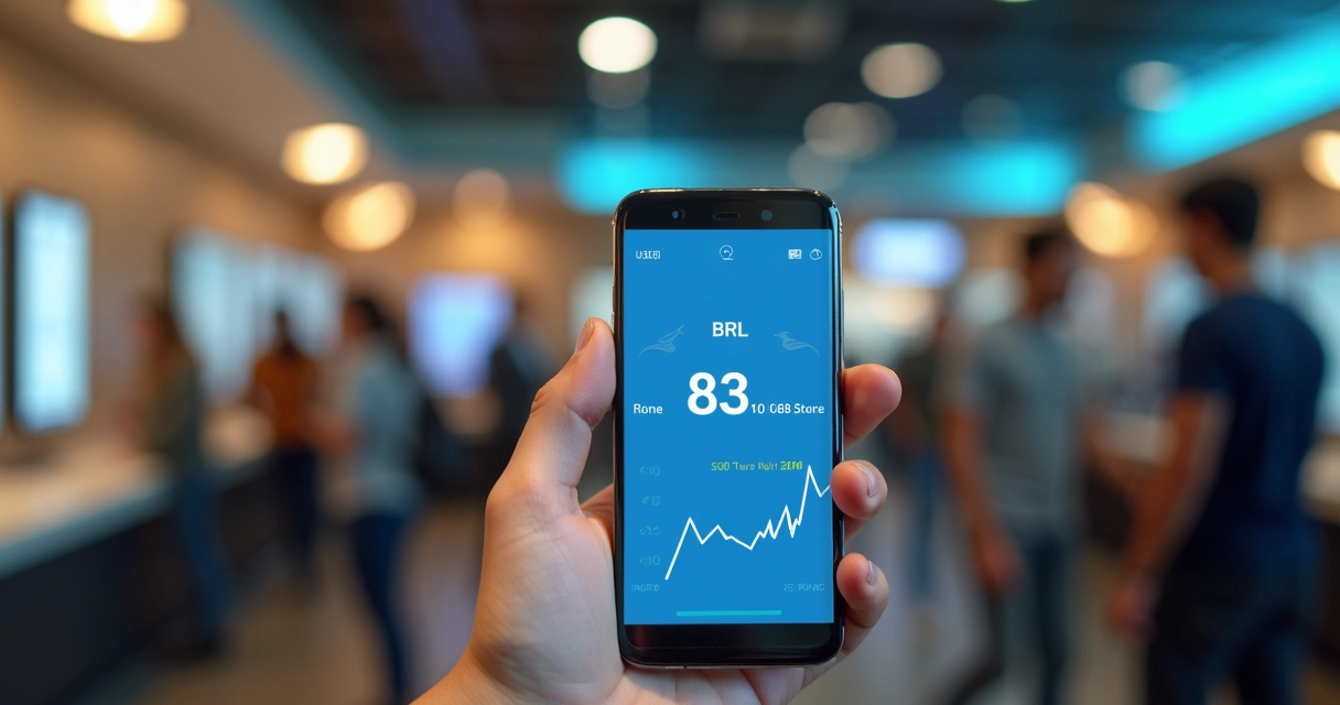 Pessoa segurando celular com tela mostrando cotação do dólar 