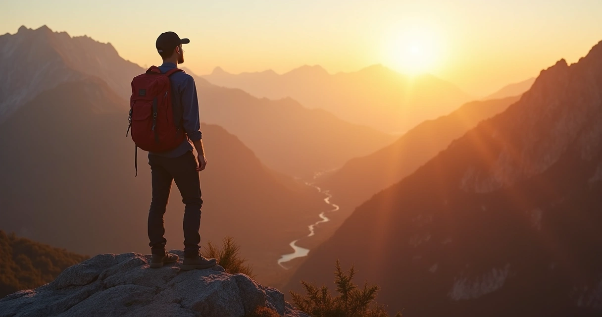 Hombre con mochila en un paraje de montaña mirando el horizonte 