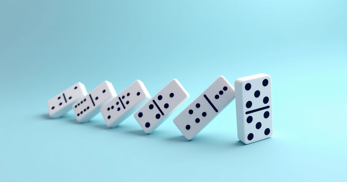 Dibujo de un dominó pequeño al inicio de una secuencia de piezas que caen, simbolizando el efecto amplificador de un cambio pequeño 