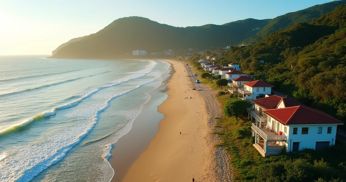 Vista aérea das praias de Camburi e Camburizinho com mar azul e casas de temporada de frente para o mar 