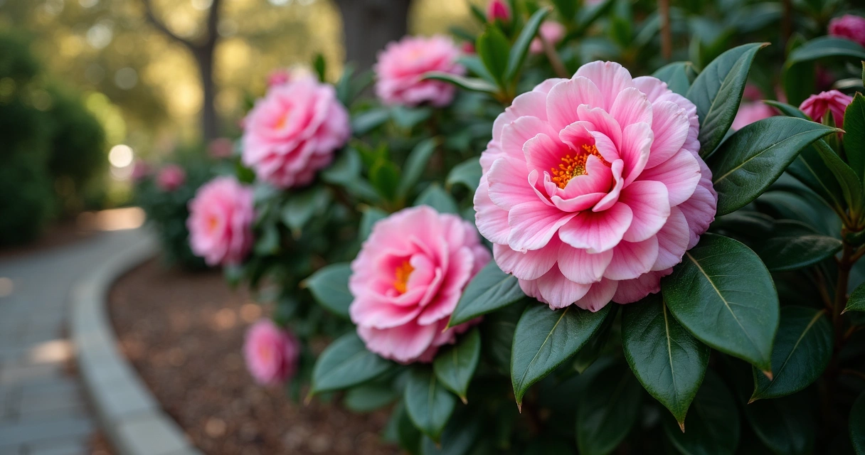 Pink camellia flowers among dark green leaves