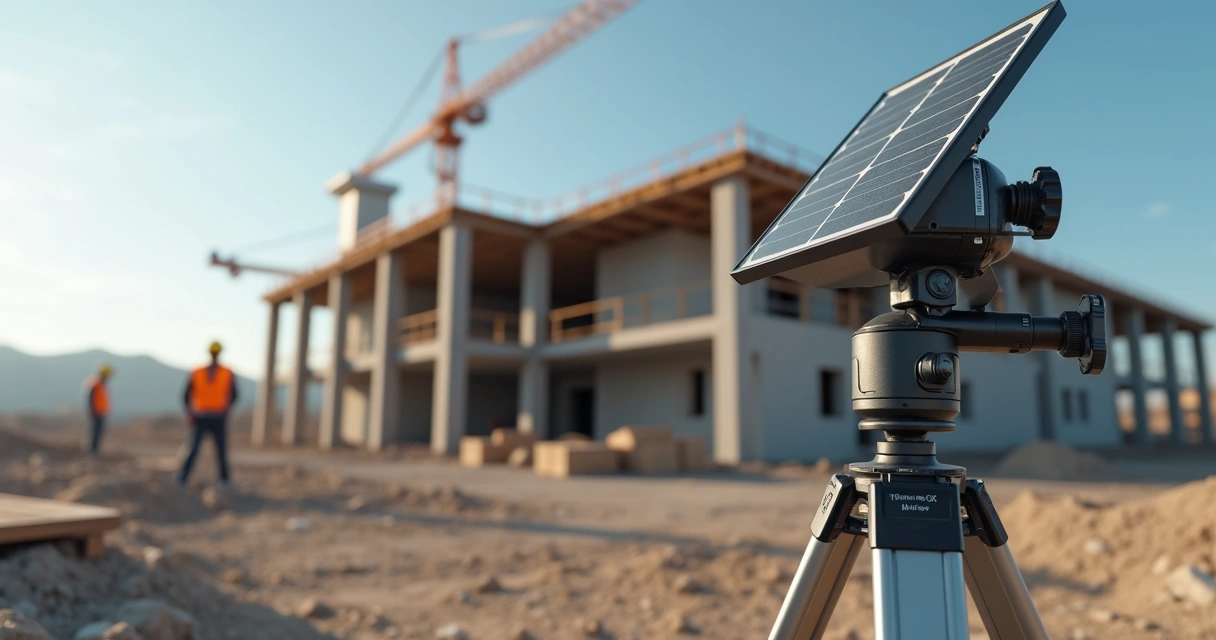 Câmera 4G solar em resolução 4K instalada em canteiro de obras com vista panorâmica da construção ao fundo 