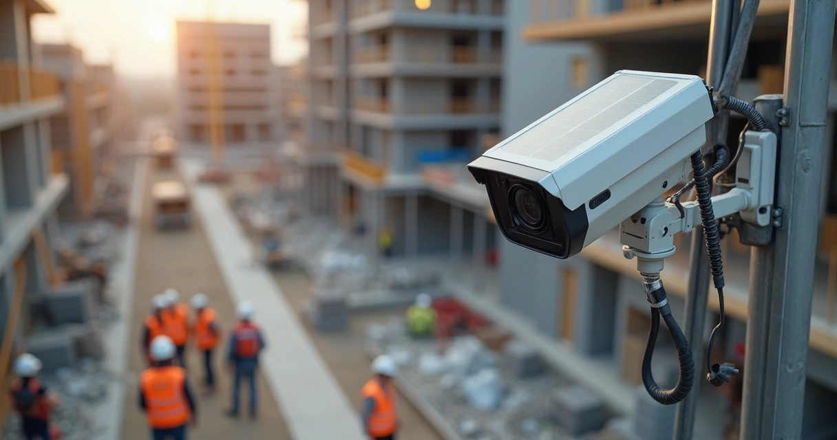 Câmera solar 4G instalada em canteiro de obras com painel solar e fundo de construção civil. 
