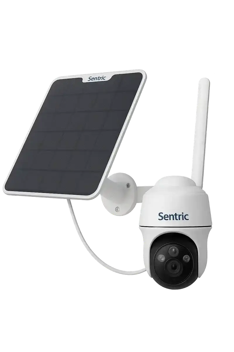 Câmera 4G solar branca com placa solar da Sentric para monitoramento de obras