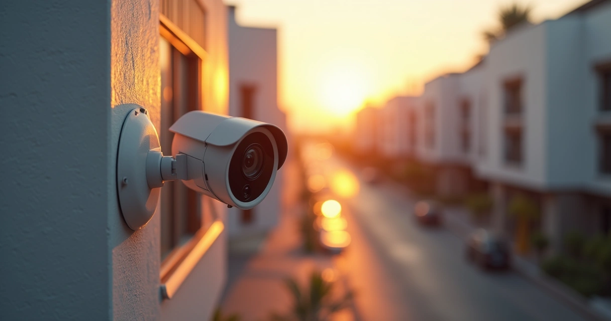 Câmera 4K PTZ solar instalada em obra com tela de monitoramento ao fundo mostrando imagens de alta resolução 