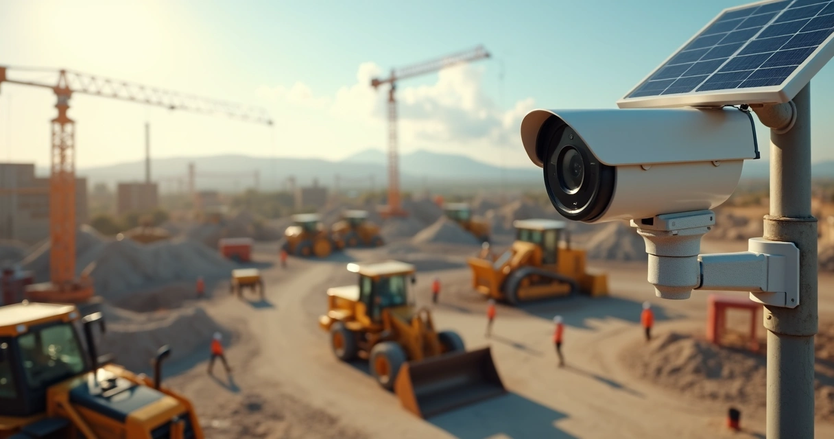 Câmera de monitoramento 4K panorâmica em canteiro de obras com painel solar