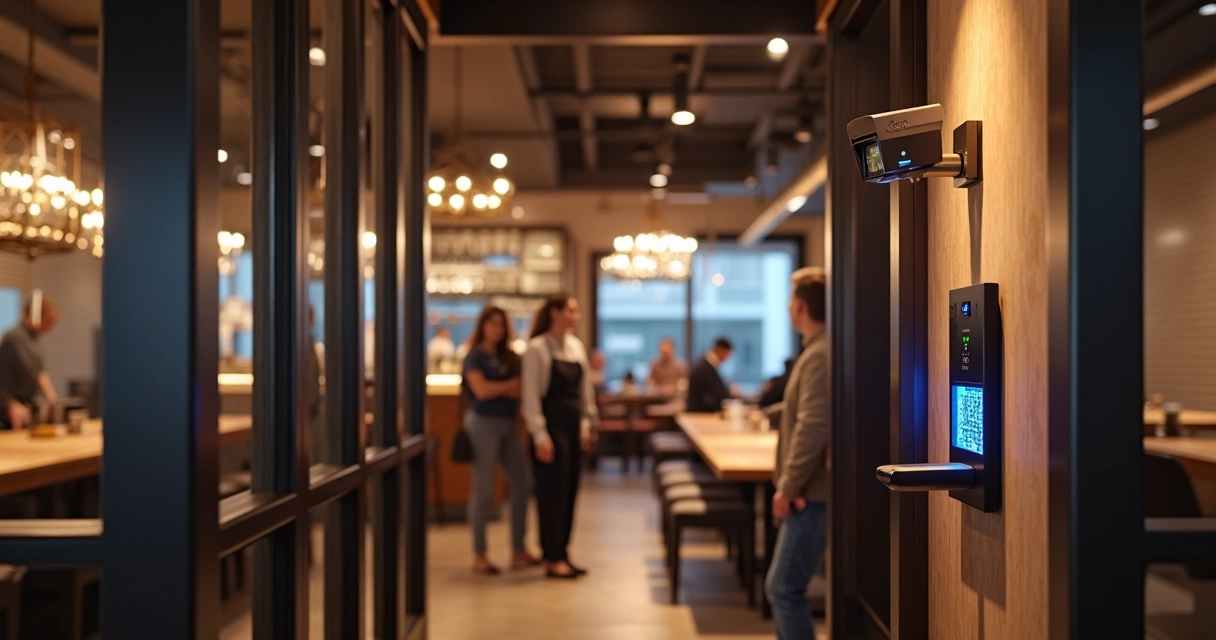Câmera instalada em uma entrada de restaurante para reconhecimento facial 