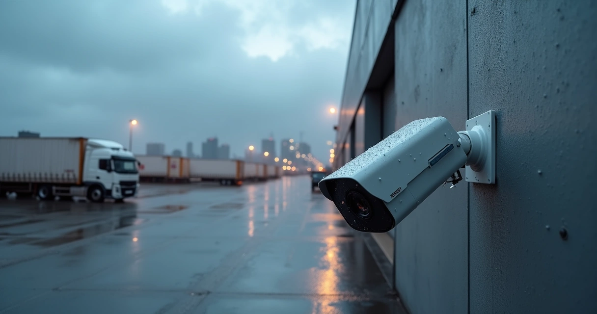 Câmera bullet DS-2CD2043G2-I instalada em fachada industrial em dia chuvoso 