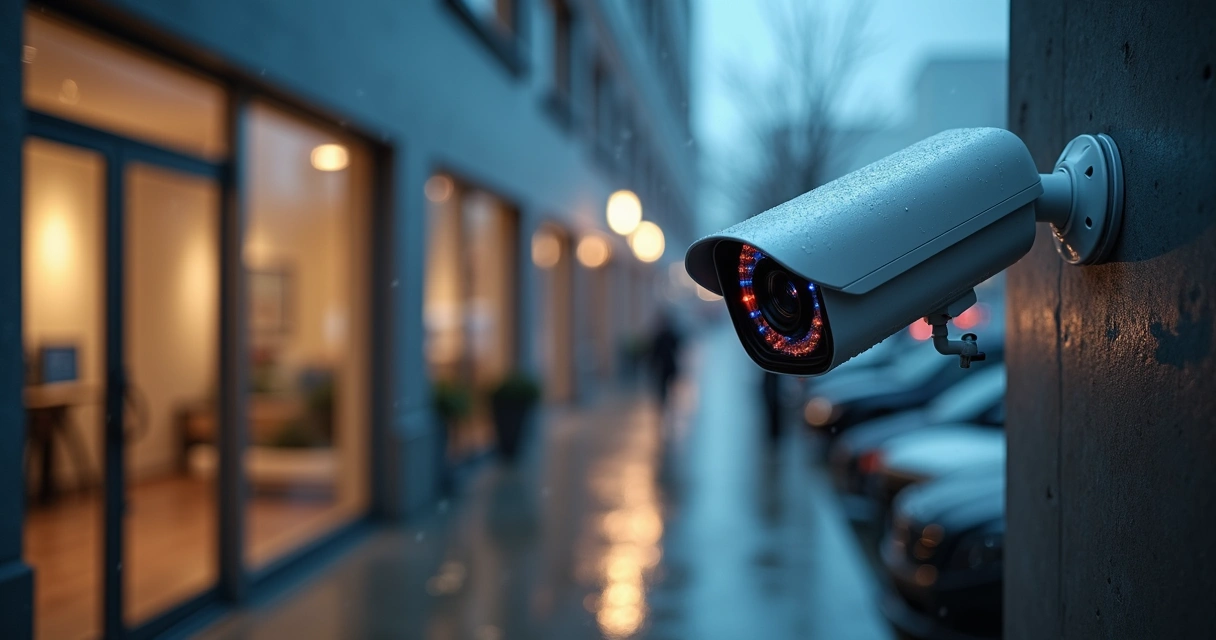 Câmera bullet instalada em fachada comercial monitorando calçada à noite 