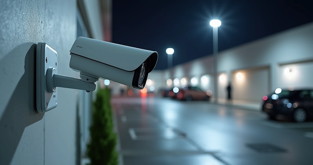 Câmera bullet Hikvision instalada em parede externa focalizando estacionamento à noite 