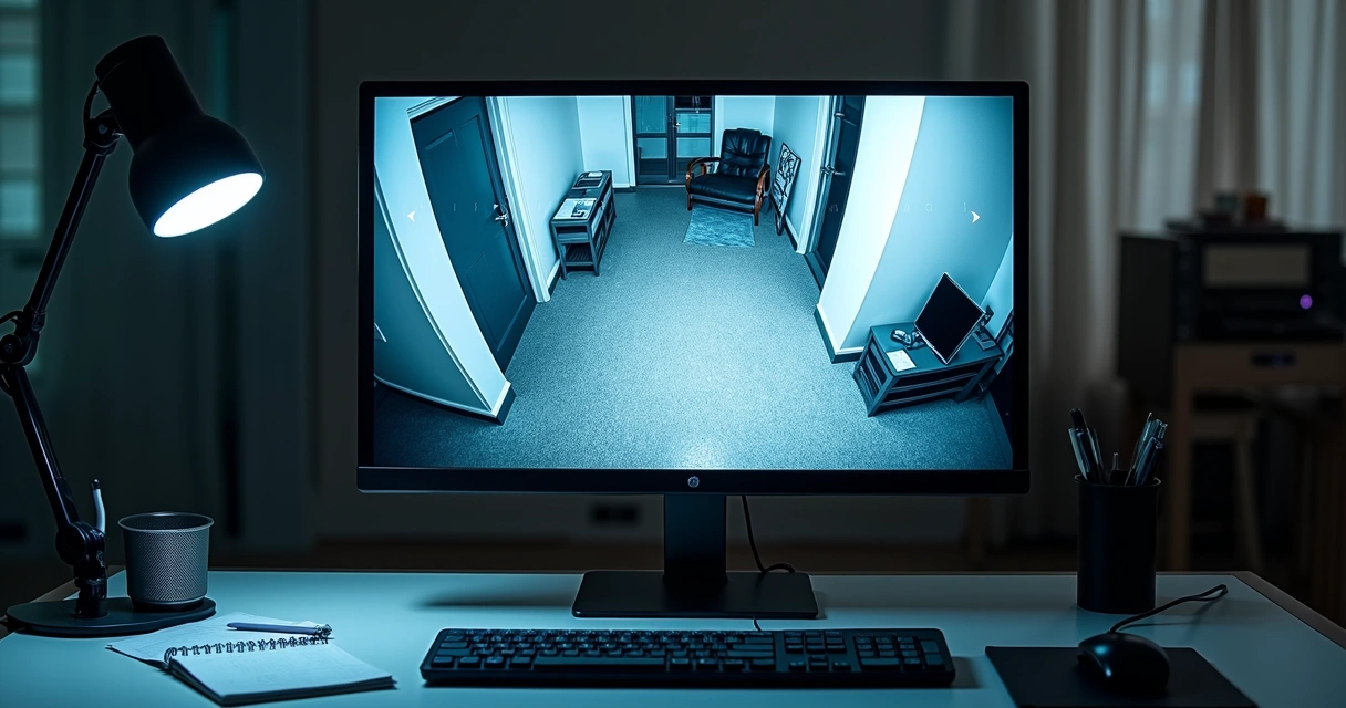 Monitor com vídeo de câmera caseira apresentando distorções visuais 