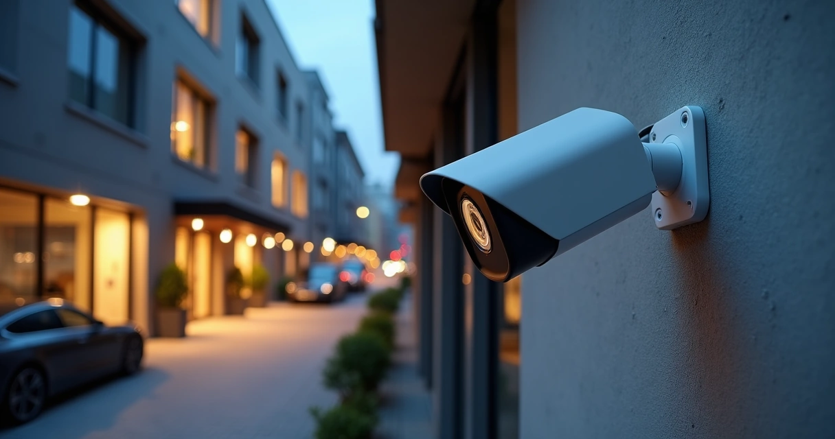 Câmera bullet ColorVu Hikvision monitorando fachada de prédio à noite 