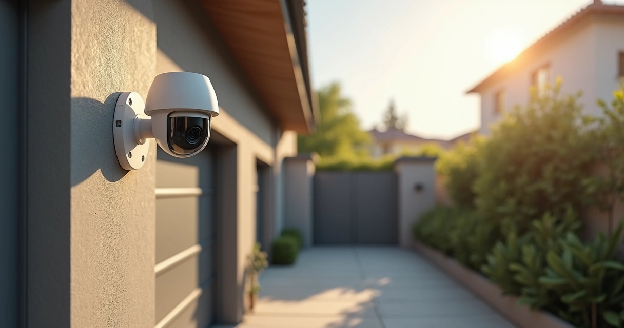 Câmera dome de segurança instalada em área externa ao lado de um portão automático 