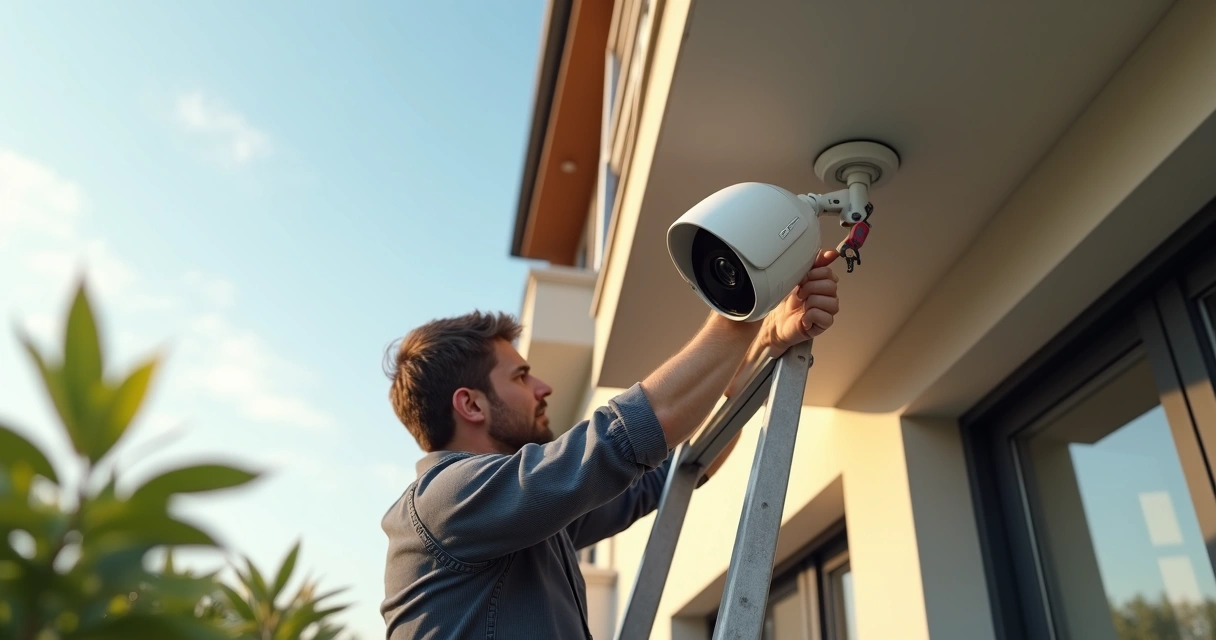Técnico instalando câmera dome Hikvision em área externa de um condomínio 