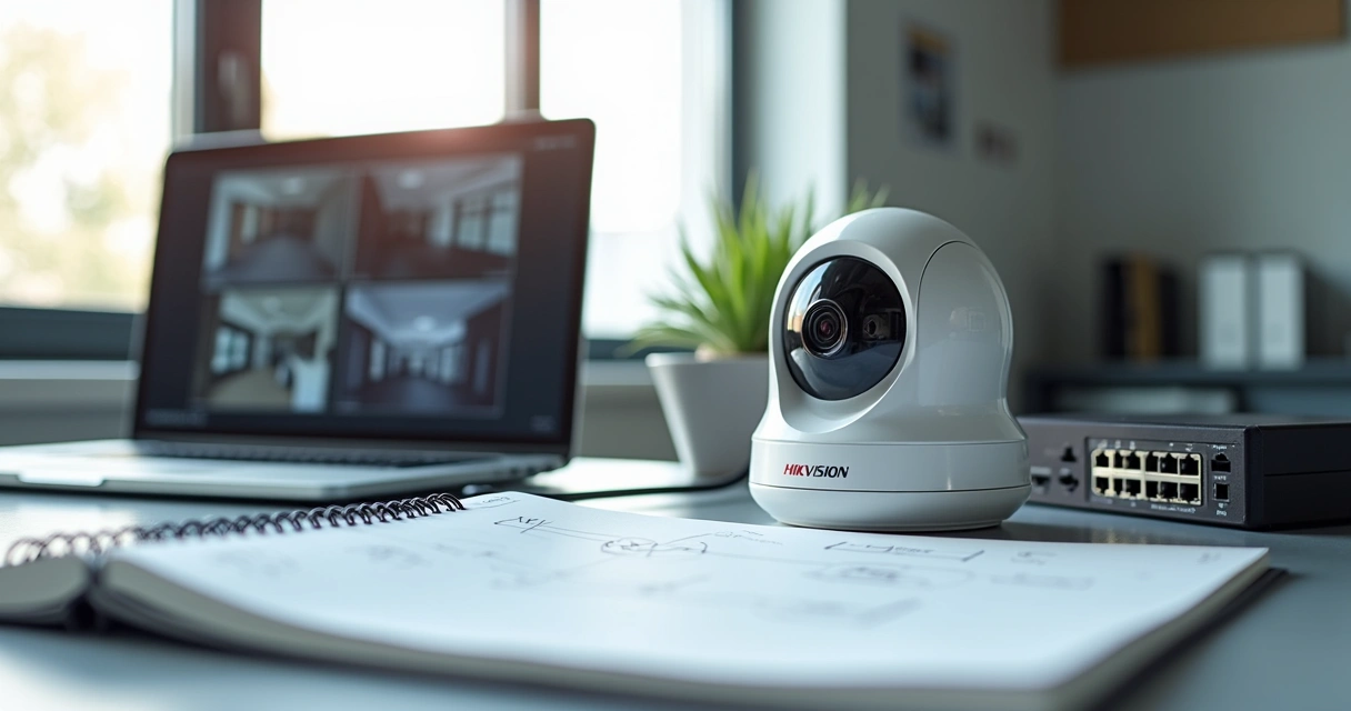 Câmera dome Hikvision DS-2CD1321G0-I sobre mesa com esquema técnico ao fundo 