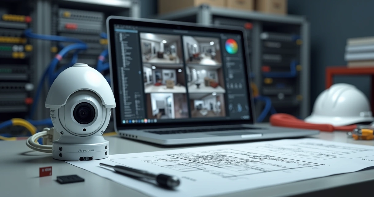 Câmera dome Hikvision DS-2CD1323G2-LIU em mesa técnica com projeto e laptop ao fundo 