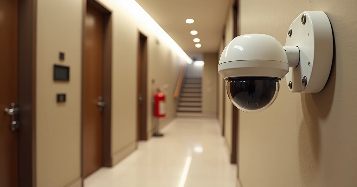 Câmera dome instalada no teto de corredor de condomínio moderno 