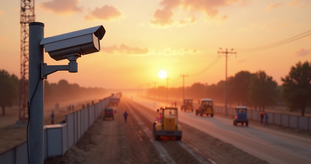 Câmera de monitoramento instalada em área externa ao pôr do sol