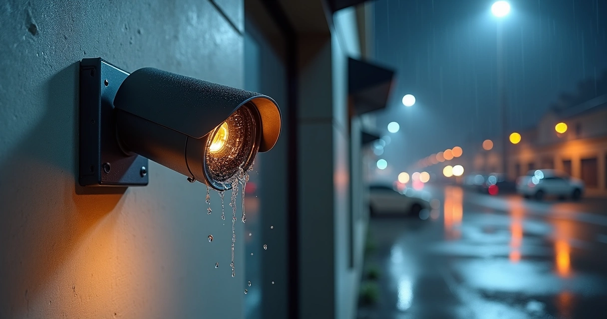 Câmera externa em parede com caixa de proteção metálica antivandalismo na chuva 