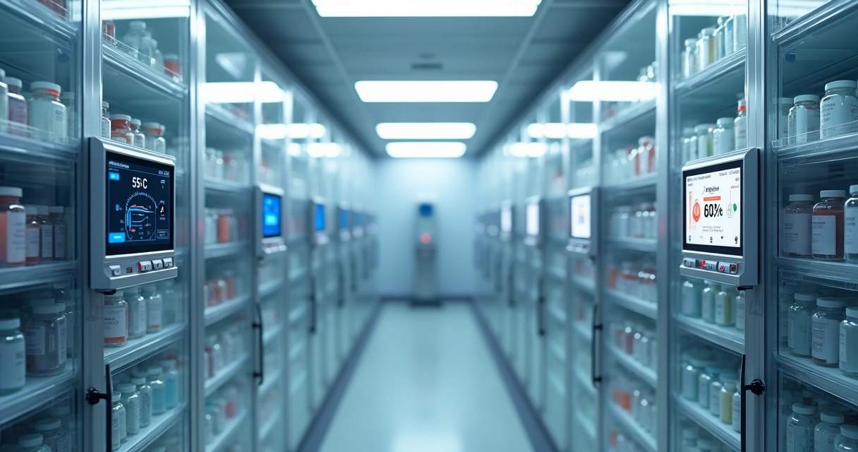 Cámara fría con medicamentos almacenados en estantes 