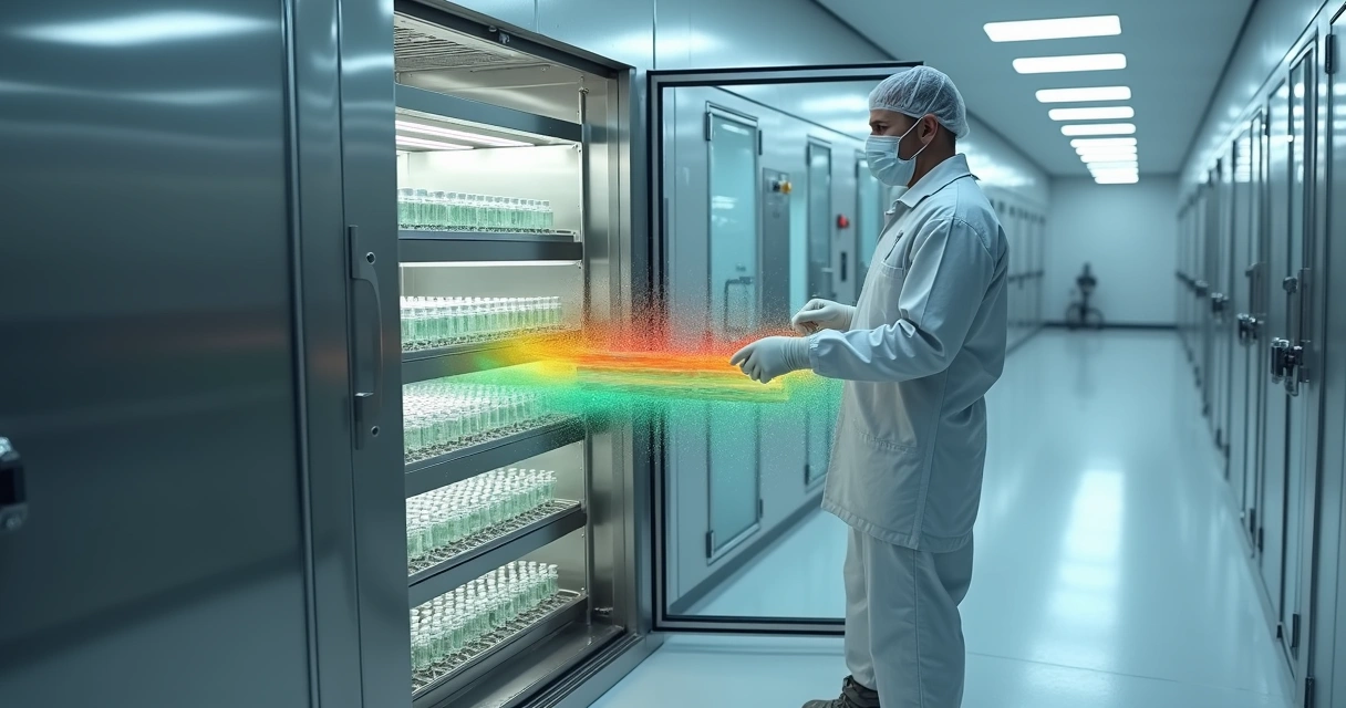 Técnico abre câmara fria enquanto holograma mostra risco de contaminação 