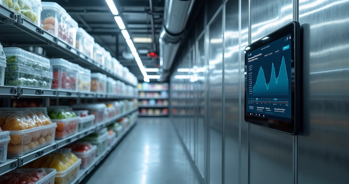 Câmara fria com sensores visíveis e painel digital exibindo curva preditiva 