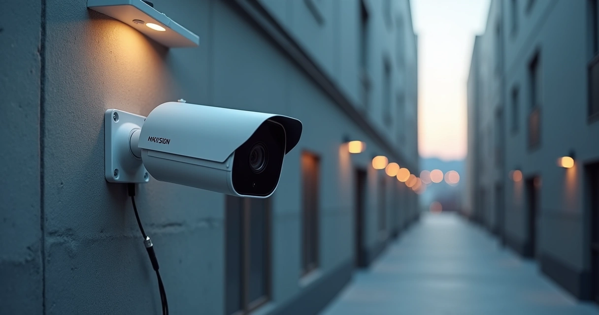 Câmera bullet Hikvision instalada em corredor externo com cabo PoE conectado 