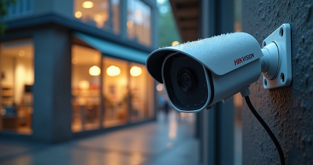Câmera bullet Hikvision instalada em fachada comercial iluminada à noite 