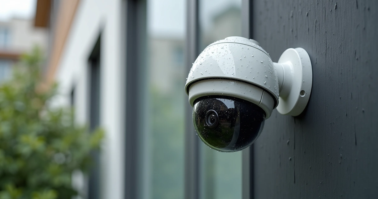 Câmera de segurança dome instalada em ambiente externo, protegida contra chuva 