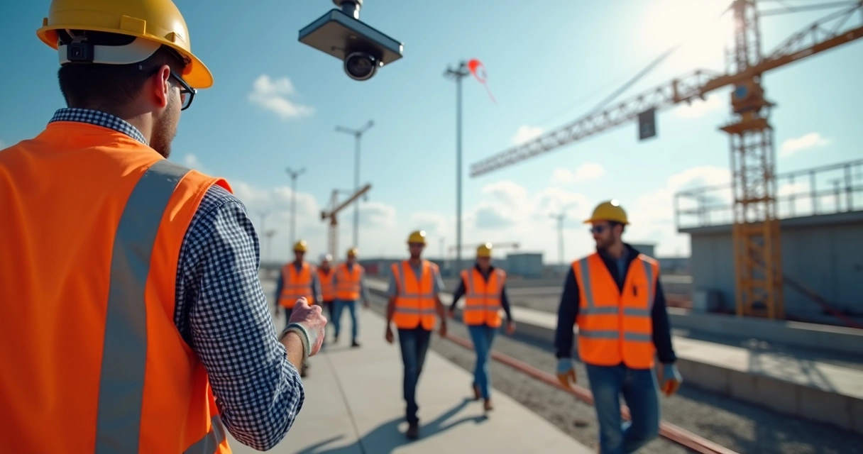 Câmera monitorando trabalhadores em obra com EPI 