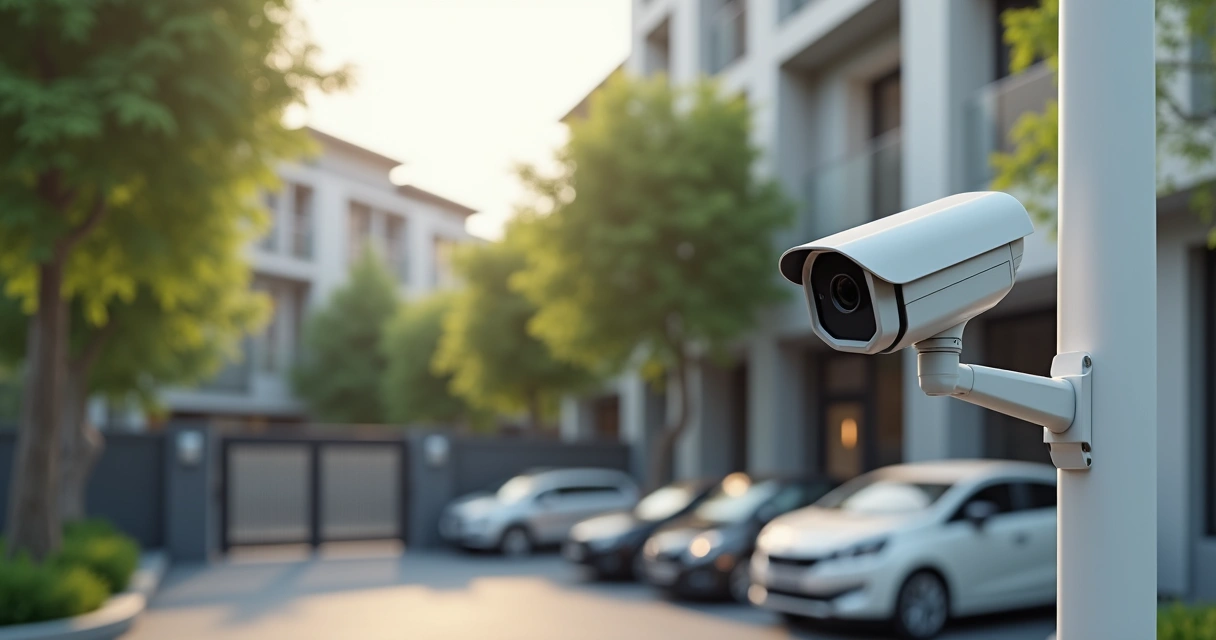 Câmera de segurança IP instalada em poste externo de condomínio 
