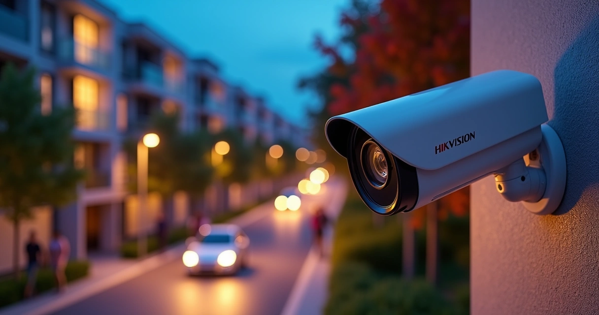 Câmera IP ColorVu instalada em ambiente externo à noite, capturando imagem colorida de pessoas e carros 