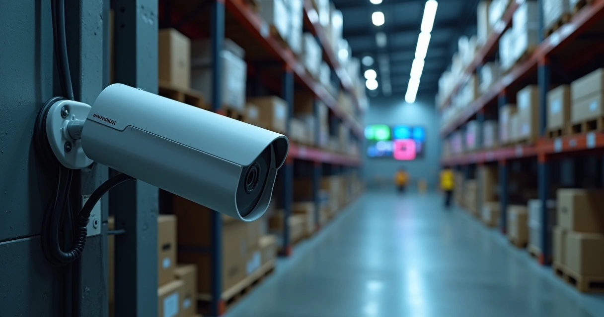 Câmera IP bullet monitorando galpão industrial moderno à noite 