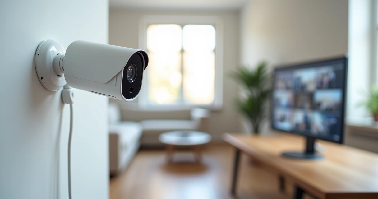 Câmera IP instalada na parede monitorando ambiente interno moderno 