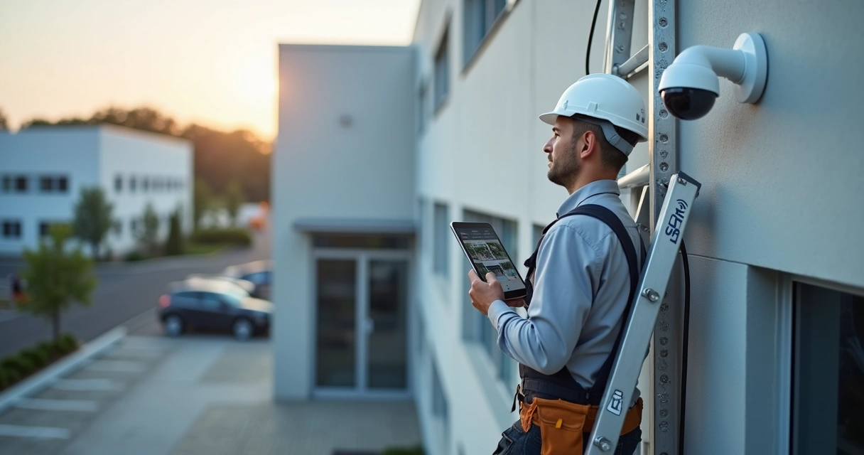Instalador configurando câmera IP de segurança em fachada de prédio usando tablet para monitoramento em tempo real 