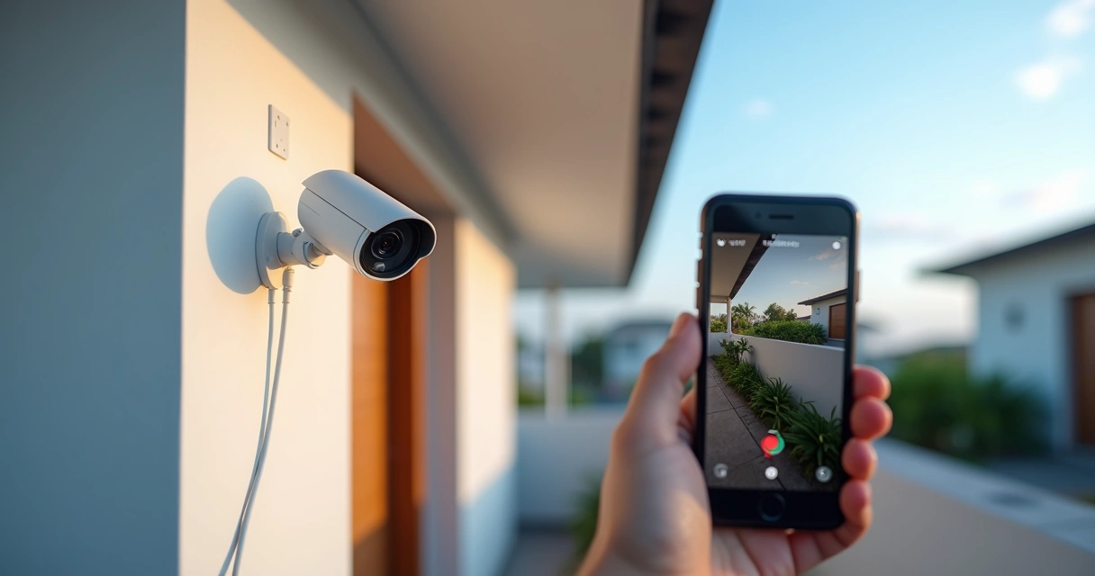 Câmera IP instalada em fachada de casa sendo configurada por smartphone 