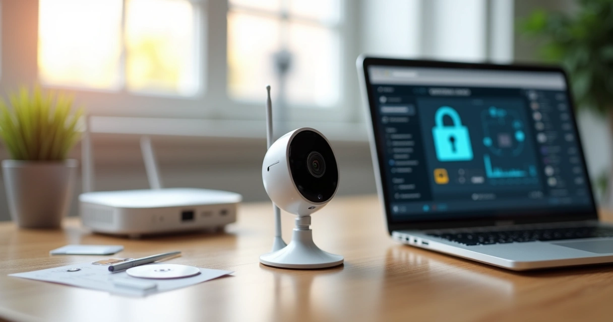 Câmera IP WiFi instalada em mesa de escritório, próxima a roteador e notebook. 