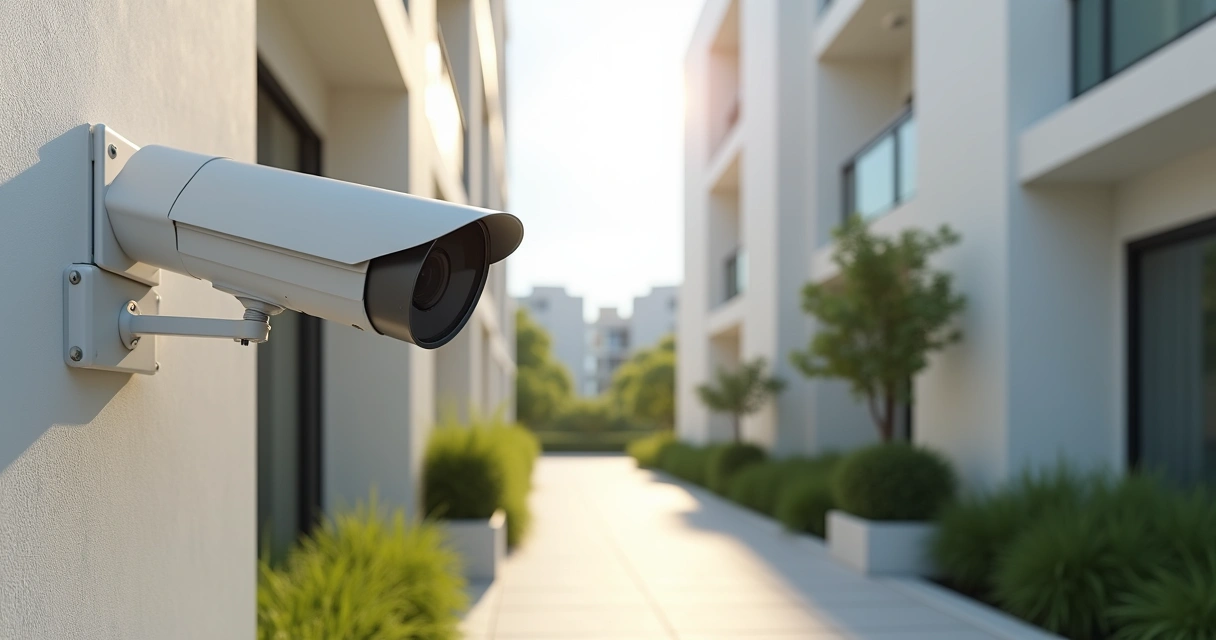 Câmera de vigilância instalada em parede de condomínio residencial moderno 