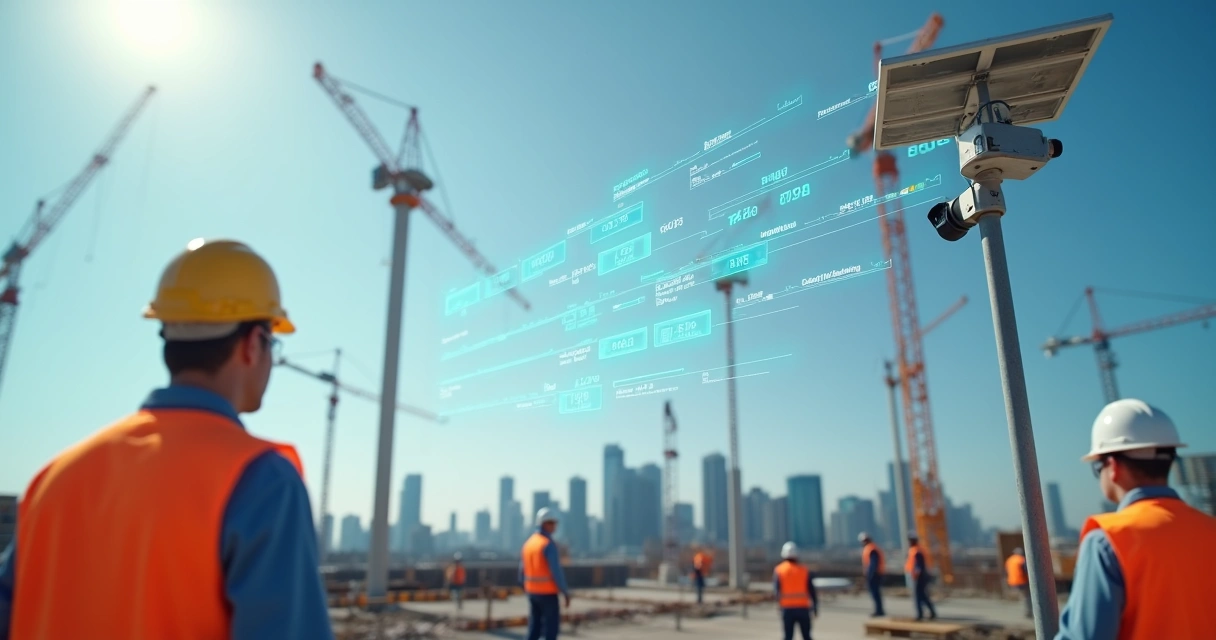 Câmera inteligente monitorando trabalhadores em obra com EPIs 