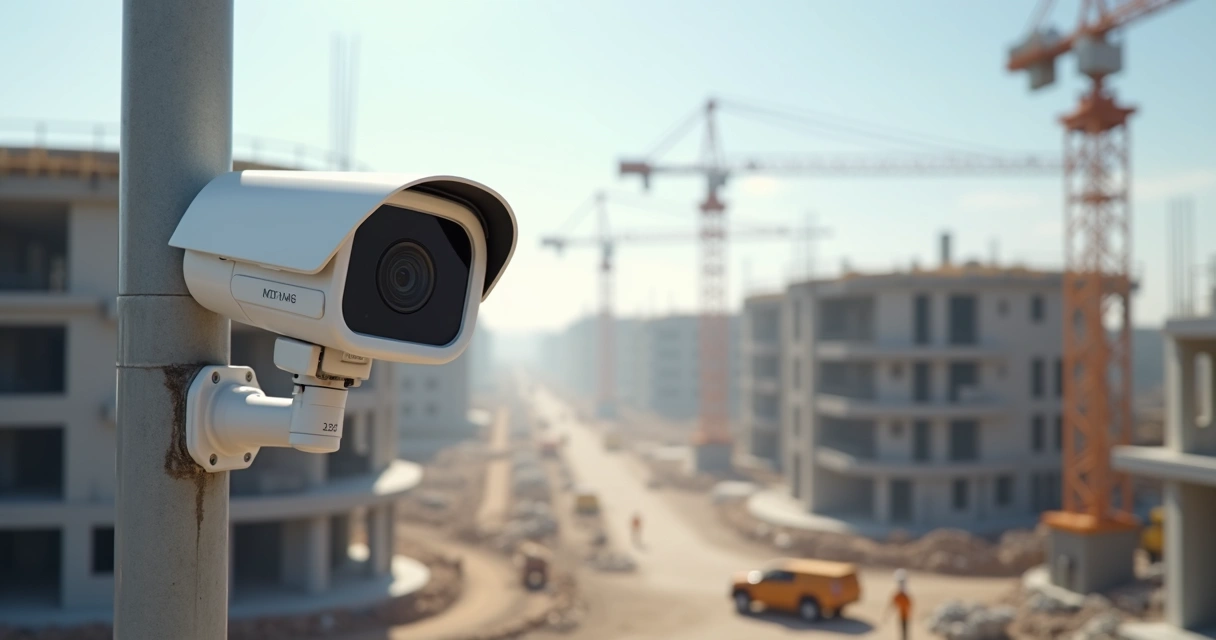 Câmera de monitoramento virada para um canteiro de obra 