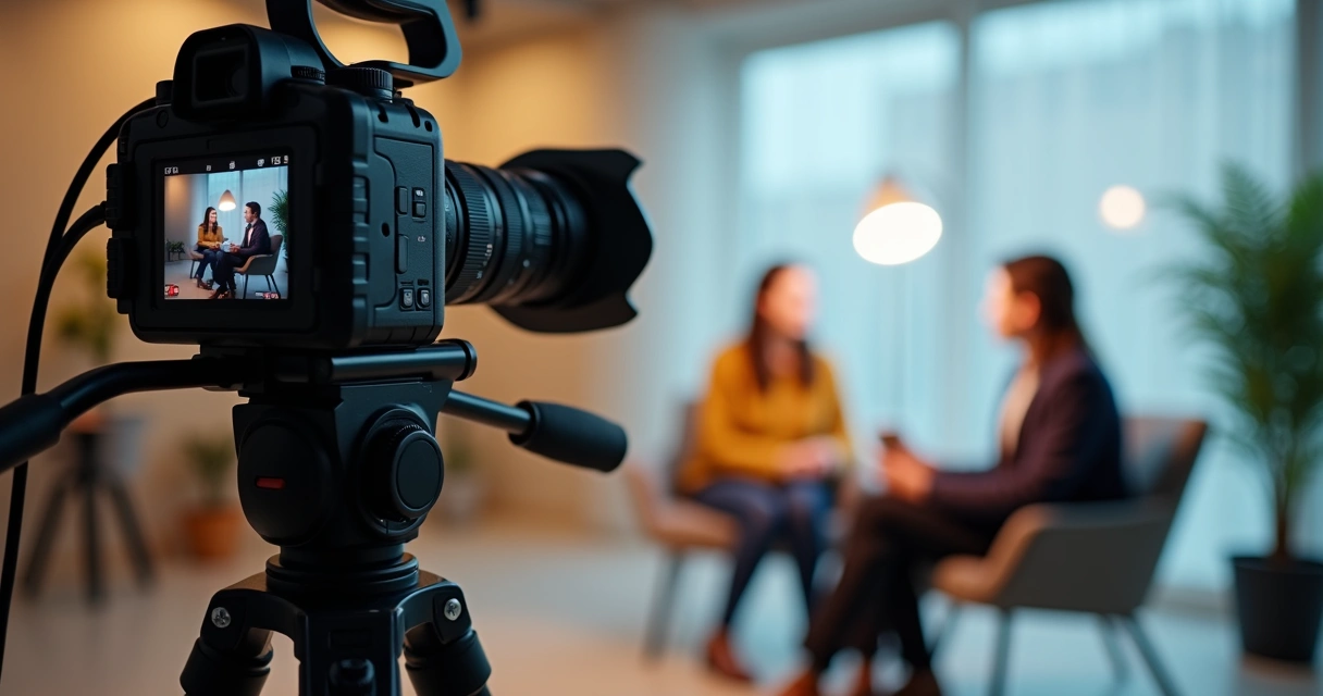 Câmera profissional com tripé em set de filmagem 
