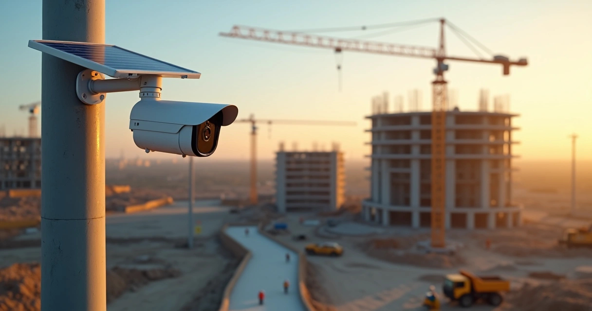 Câmera PTZ 4K solar em poste alto monitorando grande canteiro de obras 