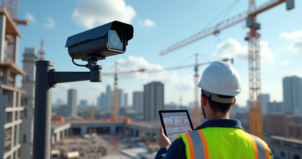 Câmera PTZ 4K solar instalada em canteiro de obras com vista ampla e controle remoto 