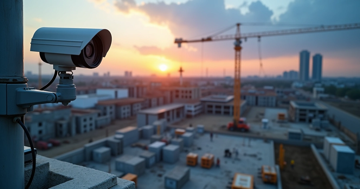 Câmera PTZ profissional instalada em torre metálica monitorando grande obra ao entardecer 