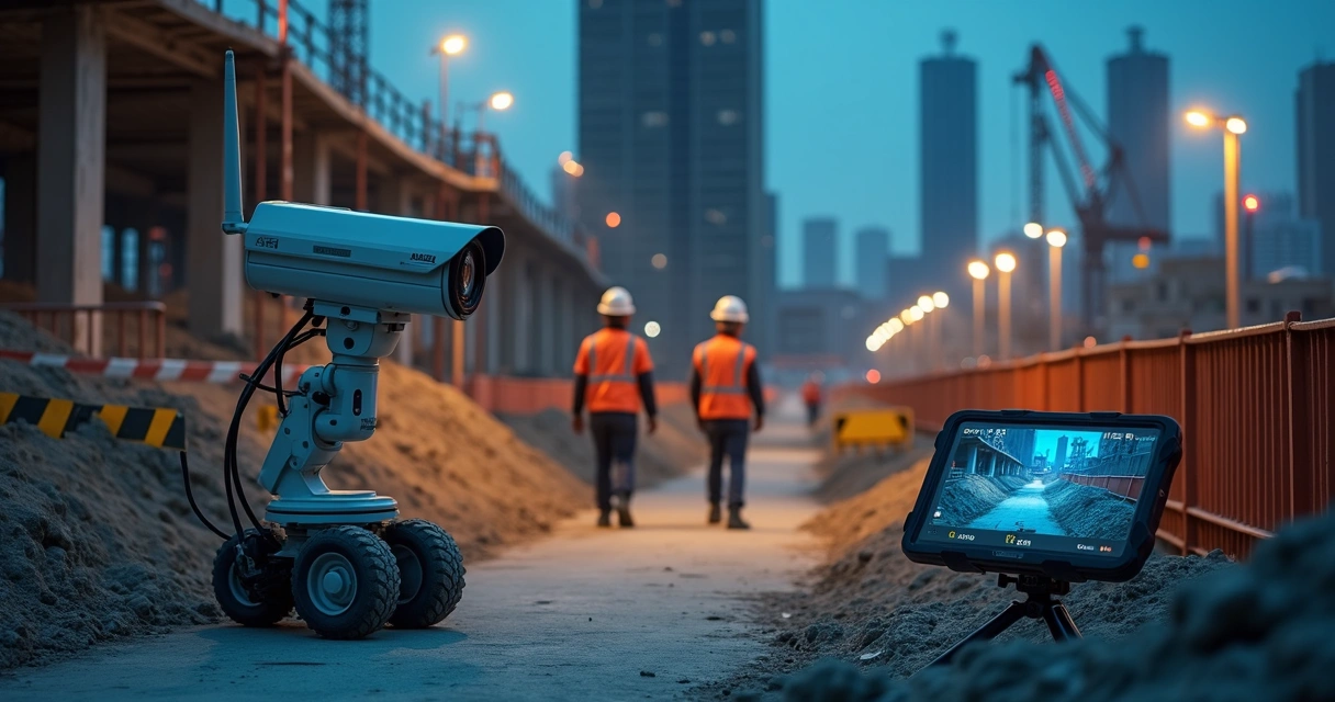 Câmera PTZ móvel monitorando área crítica em canteiro de obras noturno 