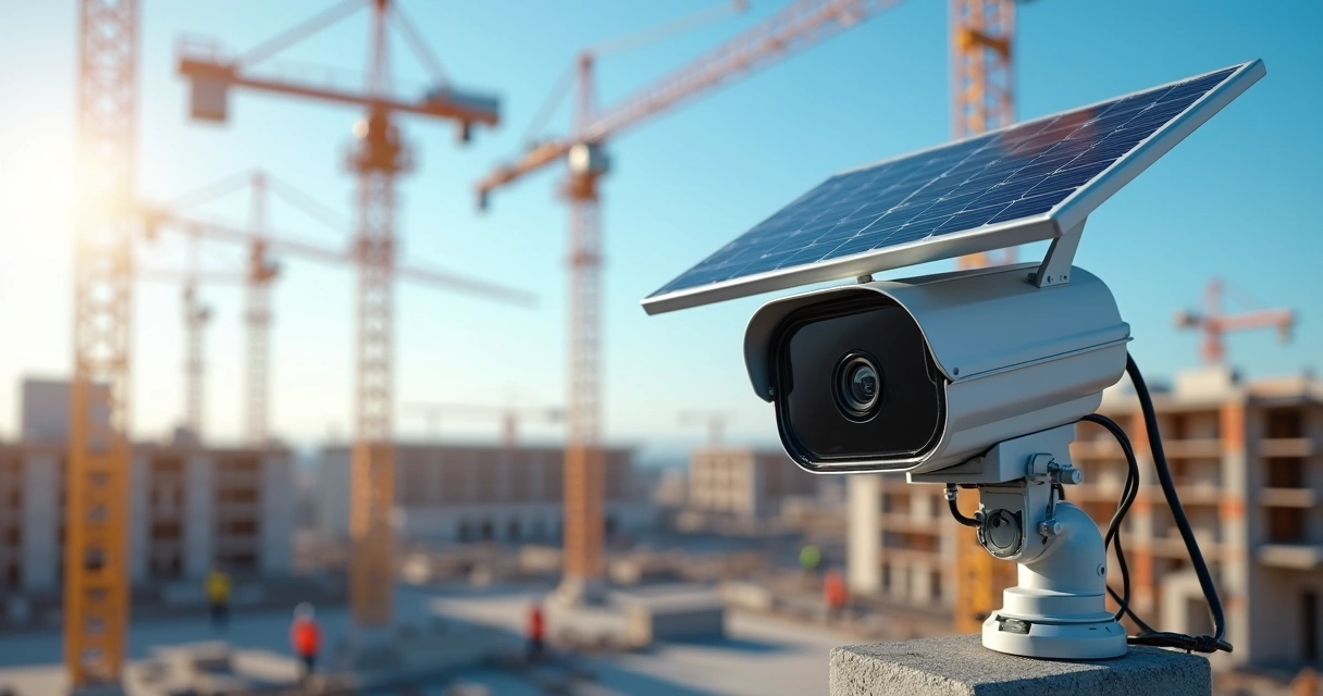 Câmera PTZ 4K solar instalada em obra de construção civil 