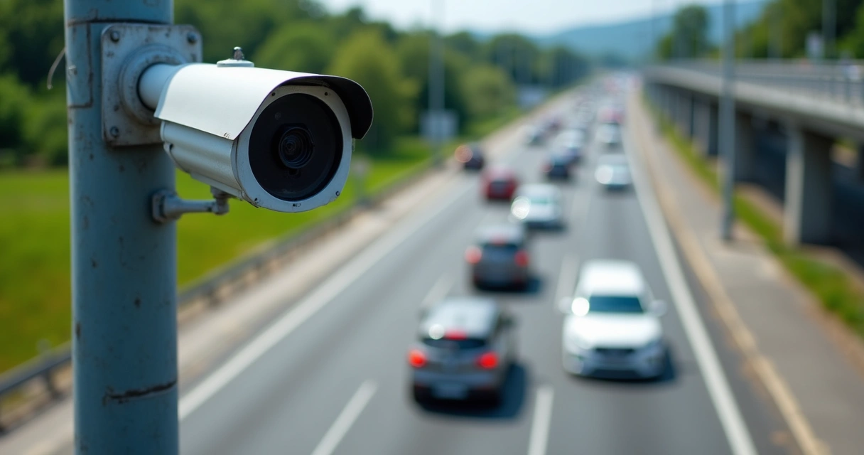 Câmera moderna instalada em ambiente externo, capturando placas veiculares em uma avenida movimentada