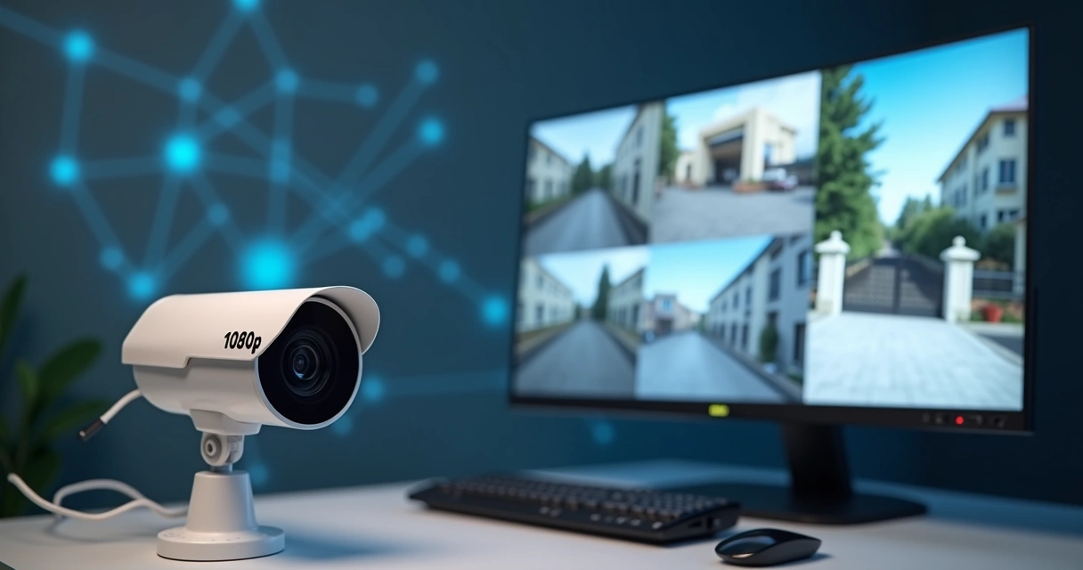 Câmera de segurança 1800p focada em monitor com imagens nítidas de um condomínio 