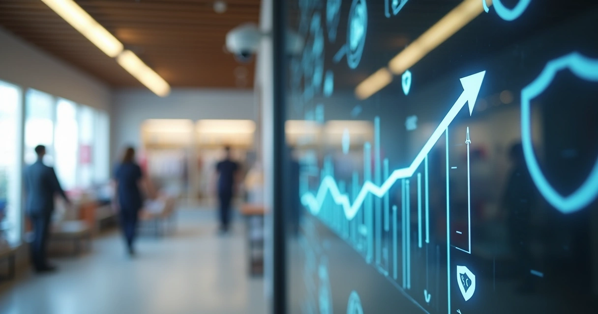 Câmera de segurança instalada em uma loja com gráfico de economia ao fundo 