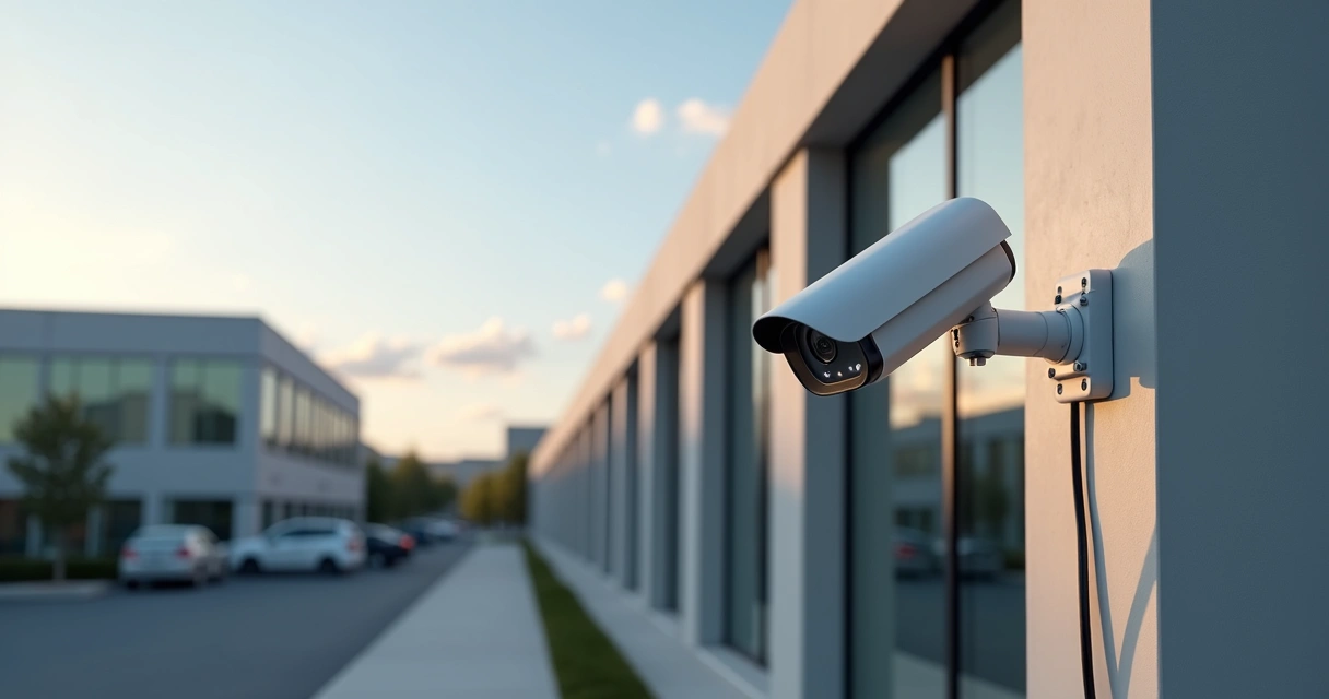 Câmera de segurança externa instalada na fachada de uma empresa moderna 